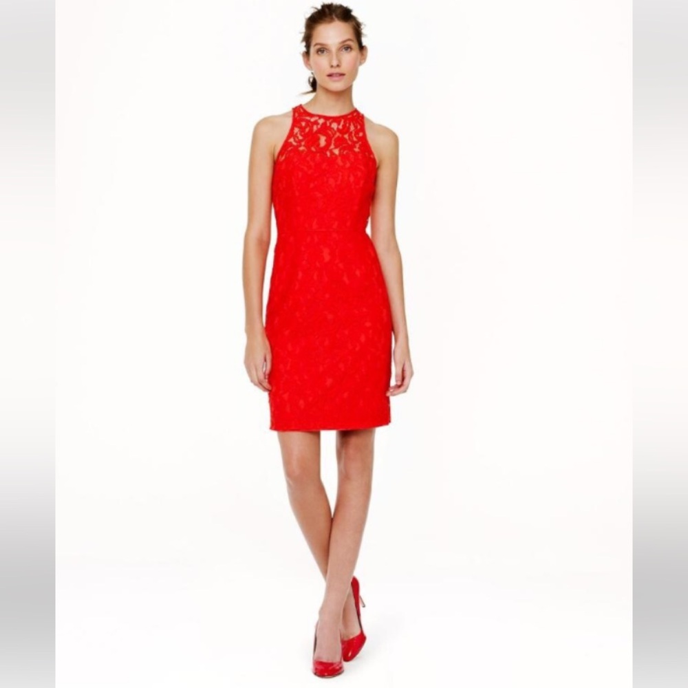 J. Crew Vibrant Red Coral Lace Midi Dress